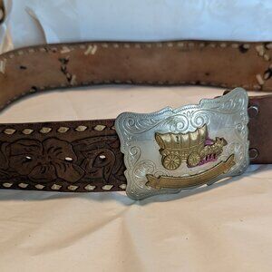 South Western Coin Silver Belt Buckle Wagon Horse and Tooled Leather Belt NANCE